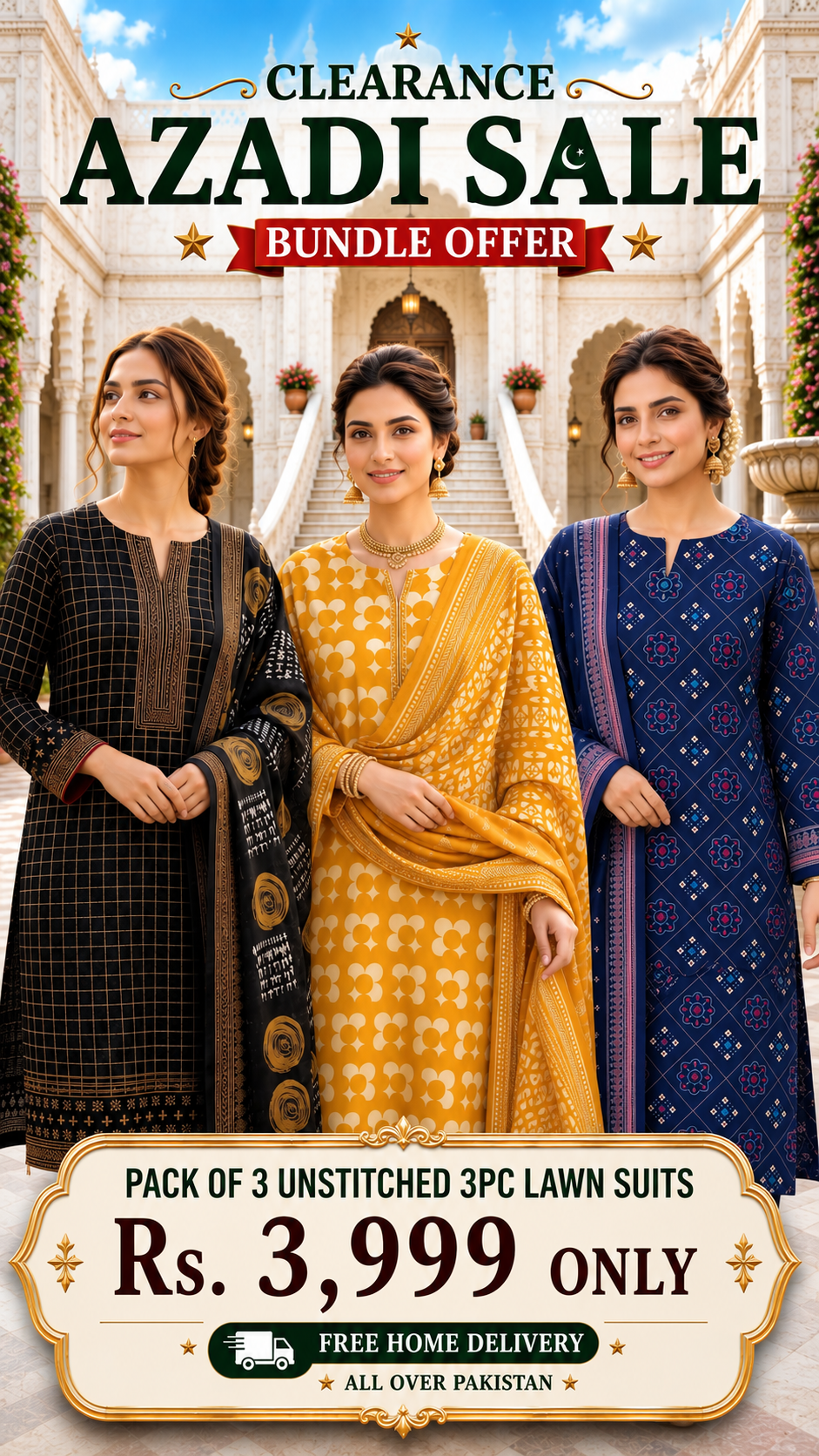 PACK OF 3 UNSTITCHED 3PC LAWN SUITS - B1 [SAVE RS.2000]