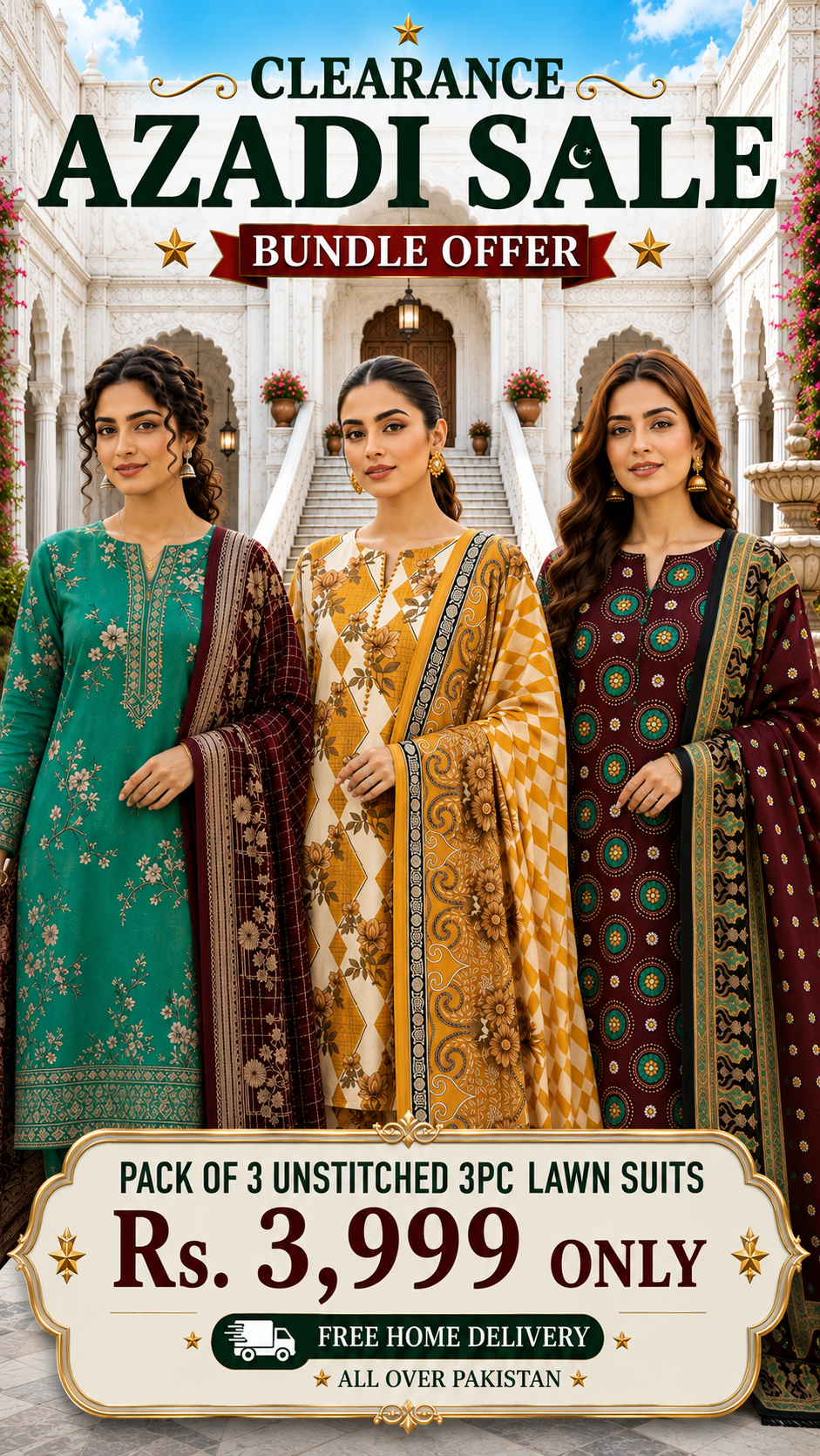 PACK OF 3 UNSTITCHED 3PC LAWN SUITS - B3 [SAVE RS.2000]