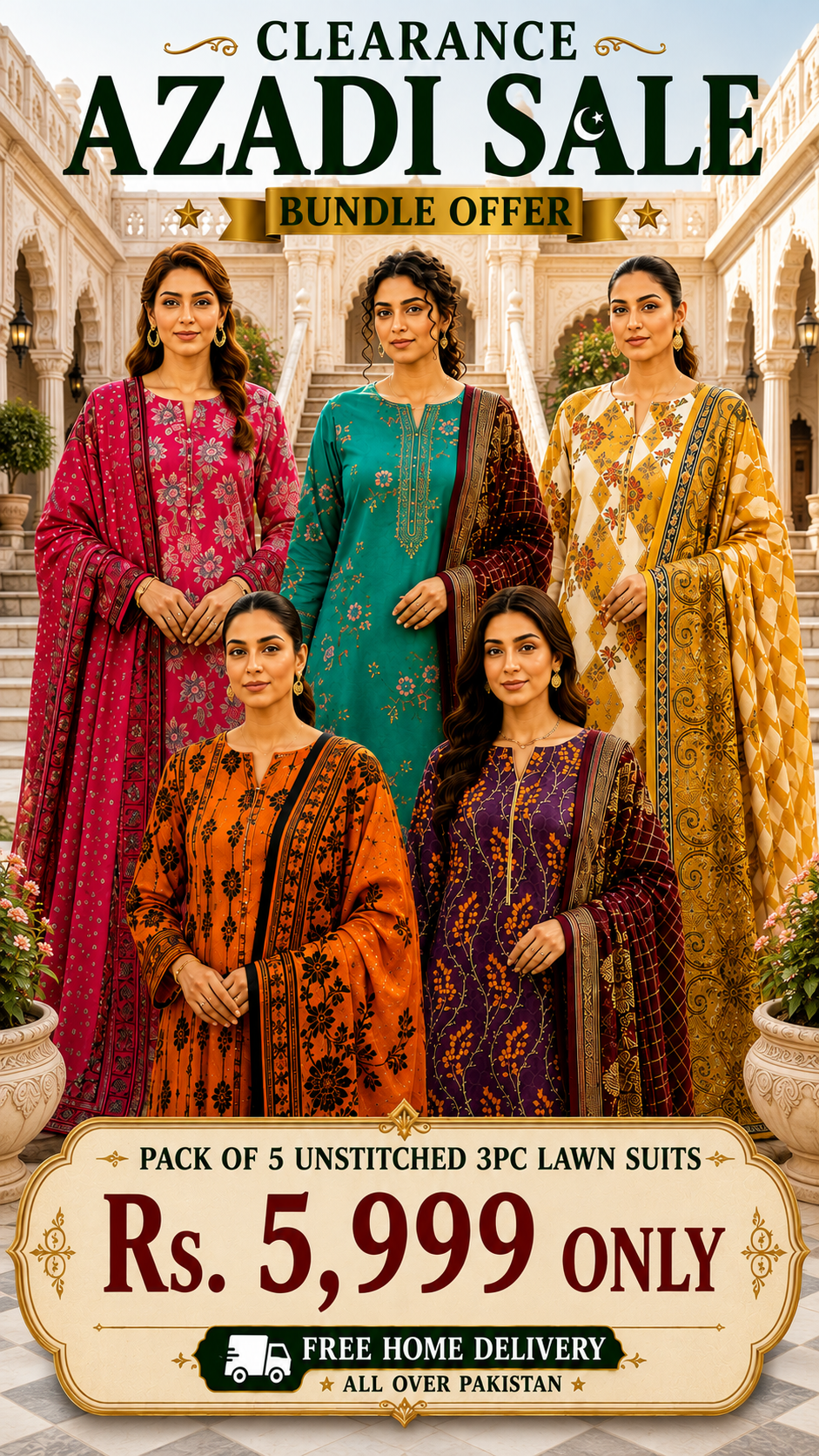 PACK OF 5 UNSTITCHED 3PC LAWN SUITS - B301 [SAVE RS.4000]