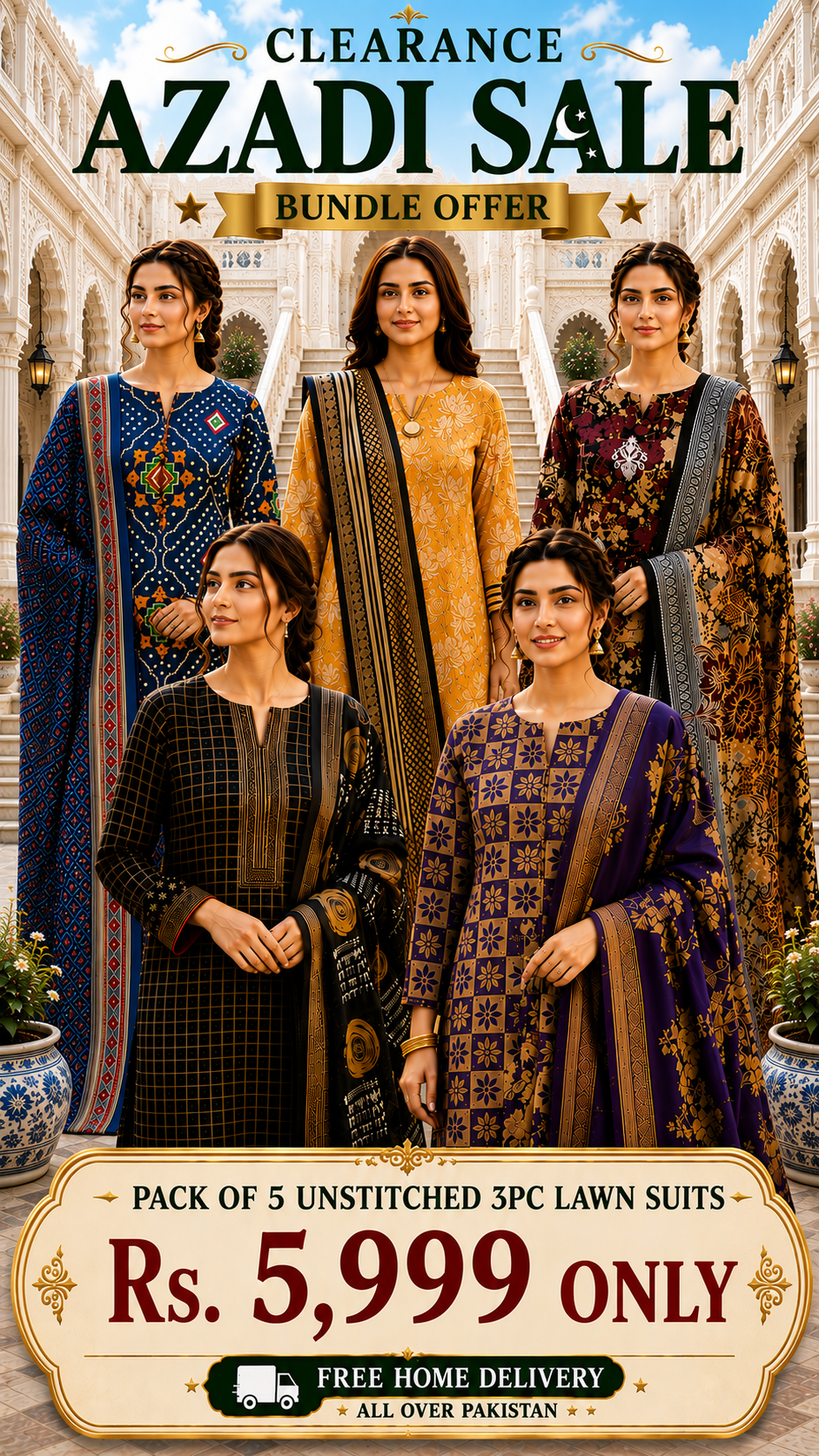 PACK OF 5 UNSTITCHED 3PC LAWN SUITS - B101 [SAVE RS.4000]