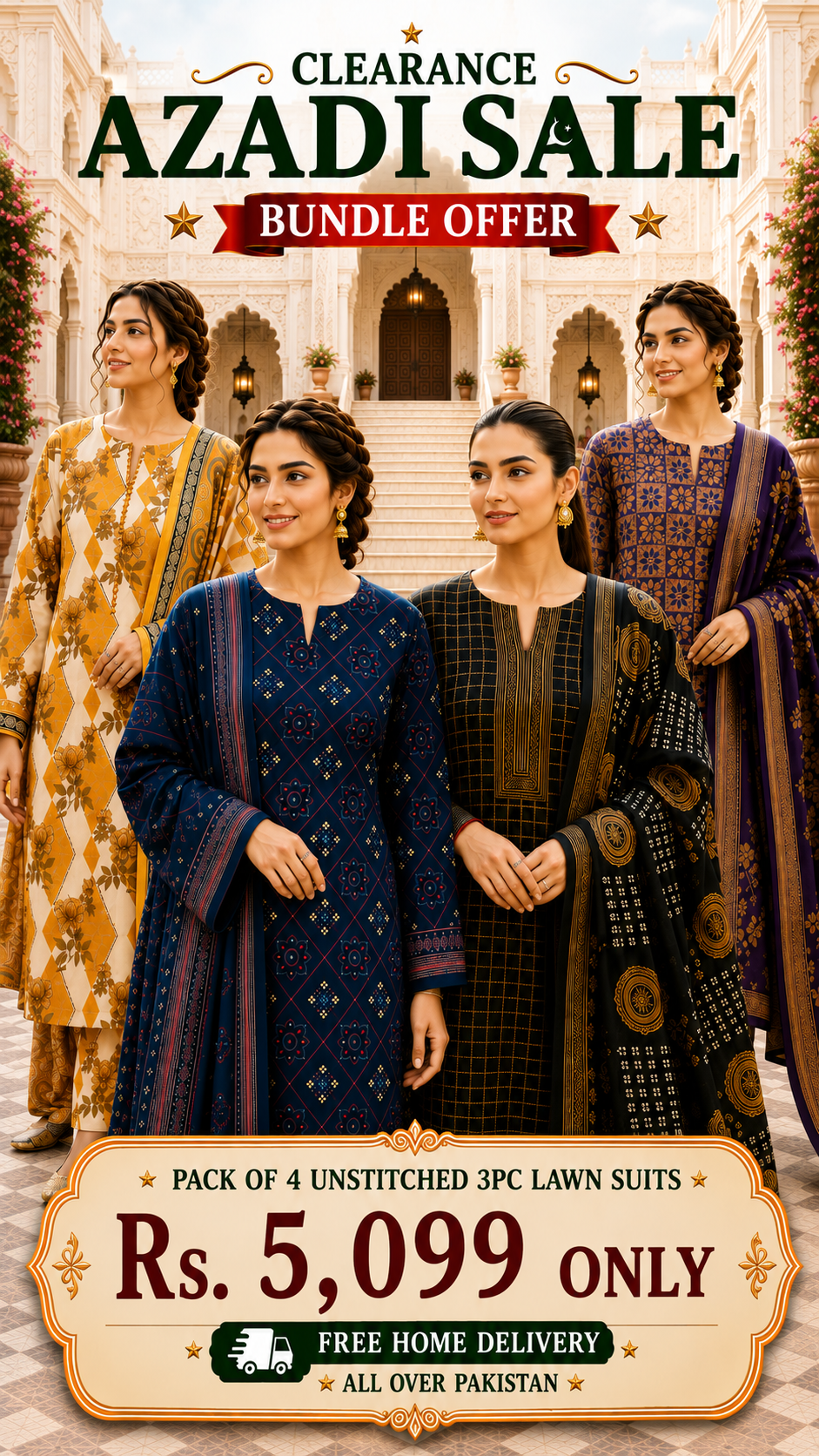 PACK OF 4 UNSTITCHED 3PC LAWN SUITS - B222 [SAVE RS.2900]