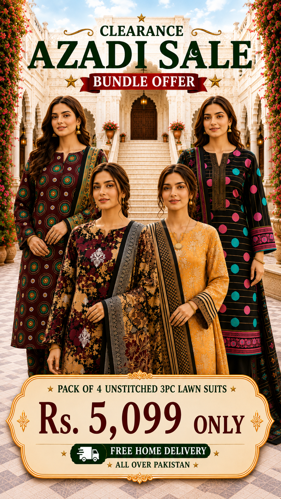 PACK OF 4 UNSTITCHED 3PC LAWN SUITS - B333 [SAVE RS.2900]